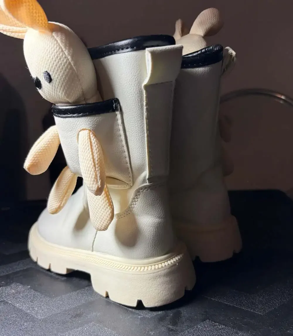 Toddler Girls White Faux Leather Lug Sole Winter Boots with Plush Bunny Accent